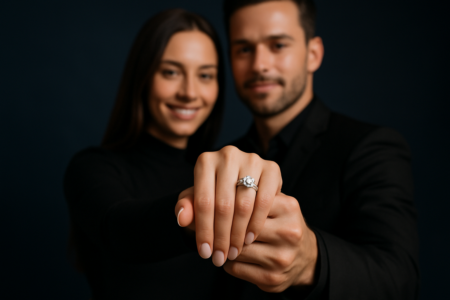 create an image in landscape, dark blue plain background. a couple showing of their diamond engagement ring. They are wearing black modern outfit, focus on their ring/hand, hyper realistic. hd quality.